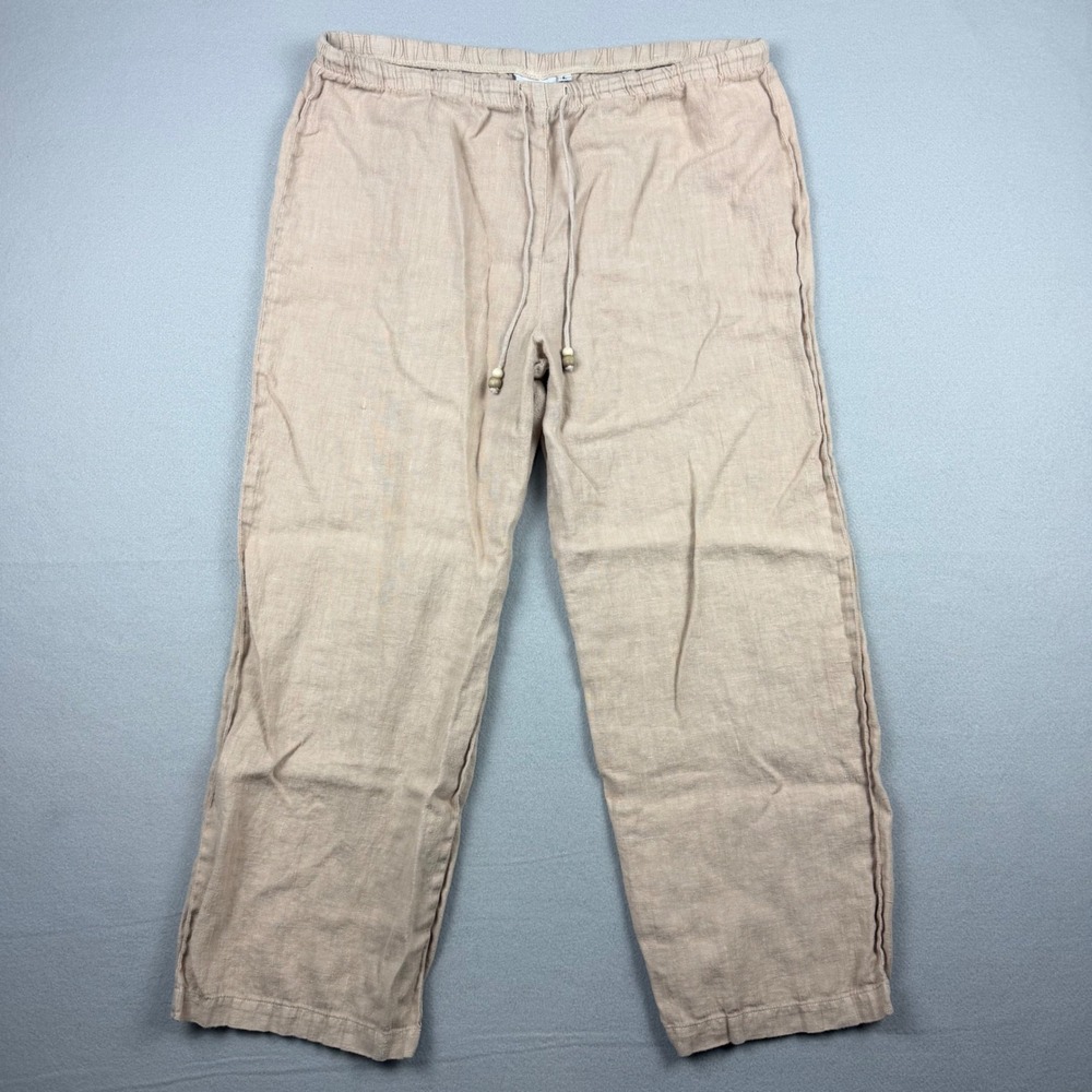 Hot Cotton Womens Large Tan 100% Linen Lagenlook Drawstring Trousers Relaxed Fit